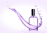 Luxury violet liquid perfume bottle with splashes