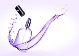 Luxury violet liquid perfume bottle with splashes