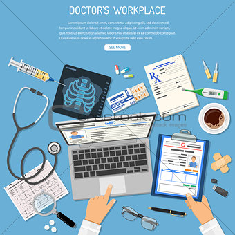 Doctors Workplace and Medical Diagnostics Concept