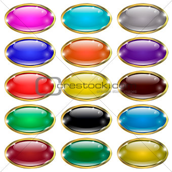 Set of glass oval buttons,  in a gold frame.