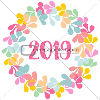 Pastel laurel wreath New Year 2019 vector frame isolated on white background