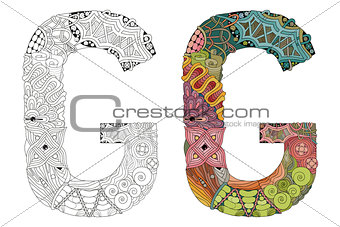 Letter G zentangle for coloring. Vector decorative object