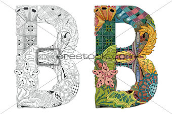 Letter B zentangle for coloring. Vector decorative object