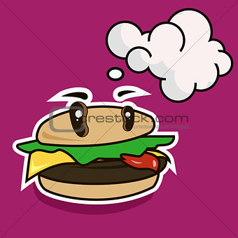 Funny cartoon cheese burger with speech bubble