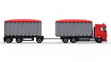 Large red truck with separate trailer, for transportation of agricultural and building bulk materials and products. 3d rendering.