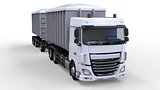 Large white truck with separate trailer, for transportation of agricultural and building bulk materials and products. 3d rendering.