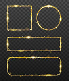 Golden glowing frames with shiny gold sparks. Decorative element for banner or templates with light glittering effect on transparent background. vector illustration
