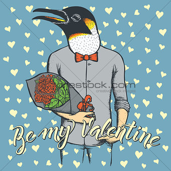 Vector penguin with flowers celebrating Valentines Day