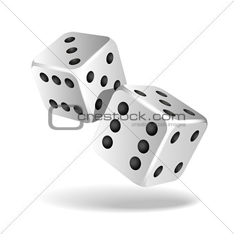Two white falling dice isolated on white