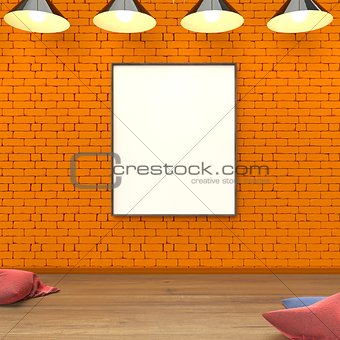 Mock up Blank white paper poster at orange wall and wooden floor 3D rendering