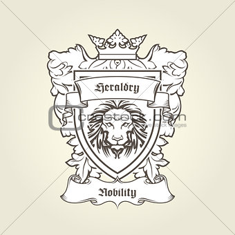 Heraldic emblem - coat of arms with head of lion on shield with 