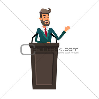 The lecturer stands behind the rostrum. The speaker lectures and gestures. A young politician speaks to the public.