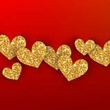 Realistic golden hearts on red background. Happy Valentines Day concept for greating card. Romantic Valentine gold hearts.