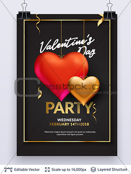 3D hearts and luxurious golden frame on black.