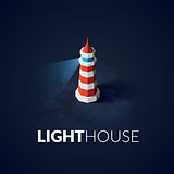 Flat isometric red lighthouse icon on blue sea