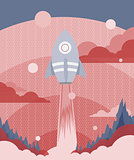 Poster design with a rocket flying to outer space