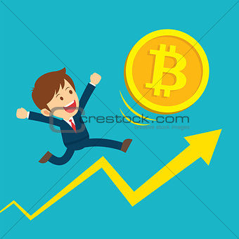Businessman running on graphs are happy at the bitcoin prices up