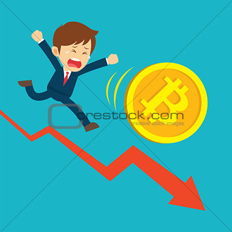 Businessman running on graphs are sad at the bitcoin price drop.