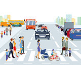 big city with road traffic and pedestrian, illustration