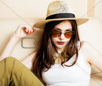 pretty young woman in summer hat, fashion modern people concept
