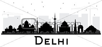 Delhi India City Skyline Black and White Silhouette.