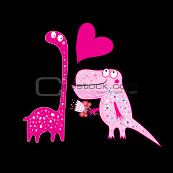 Funny greeting card with enamored dinosaurs 