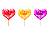 Set of romantic lollipops in the shape of a heart. Sweetness for Valentines day. Vector illustration.