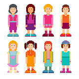 Colorful collection of pixel art female characters