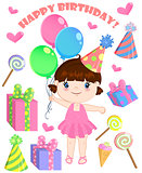 Set of vector birthday cartoon party elements and a cute girl.