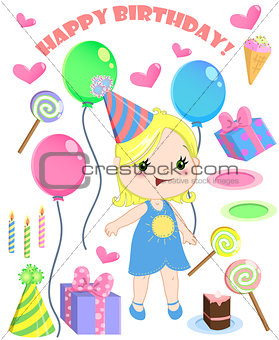 Set of vector birthday cartoon party elements and a cute girl.