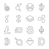 Set of crypto currency logo coins BitShares, BitConnect, Monero, DigiByte, Golem, Zcash, Stratis, Ripple, Litecoin, Dash, Bytecoin, Ethereum, Bitcoin, Siacoin, Nem, Dogecoin. Editable Stroke