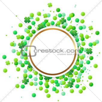 Round banner with green confetti and clover