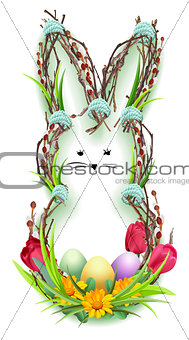 Easter bunny silhouette wreath of twig, green grass and flower. Easter eggs