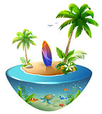 Surfboard on tropical island. Paradise beach of palm trees, sea, sun and sand