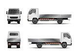 White realistic delivery cargo truck isolated on white. City commercial lorry mockup from side, front and rear view. Vector illustration.