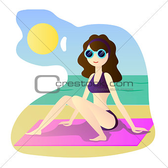 beautiful girl in bikini on a beach, vector illustration, travel and rest