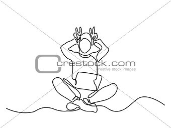 Woman with laptop showing horns gesture