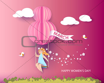 Card for 8 March womens day. Woman on teeterboard