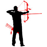 Silhouette attractive male archer bending a bow and aiming in the target