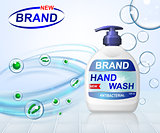 Antibacterial hand gel wash ads, dispenser bottle with transparent bubbles isolated on background. 3d realistic antiseptic banner. vector illustration