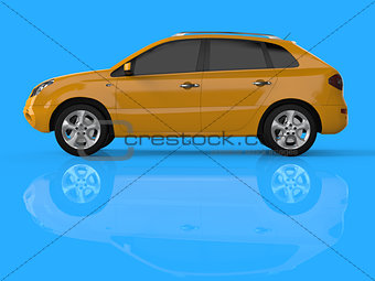 Compact city crossover yellow color on a blue background. Left view. 3d rendering.