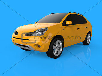 Compact city crossover yellow color on a blue background. Left front view. 3d rendering.