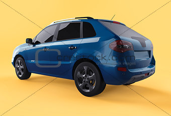 Compact city crossover blue color on a yellow background. Left rear view. 3d rendering.