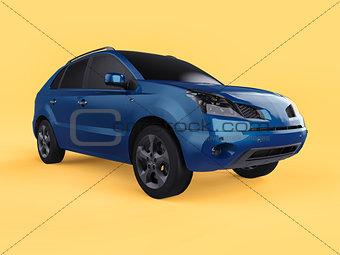 Compact city crossover blue color on a yellow background. Right front view. 3d rendering.
