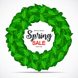 Spring Sale Cute Background with Green Leaves. Vector Illustration