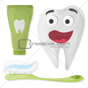 Healthy cute cartoon tooth character with Toothpaste and toothbrush