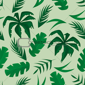 Seamless pattern with tropical leaves on green background