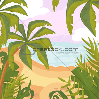 Summertime on the beach. Palms and plants. Cartoon vector. Summer vacation