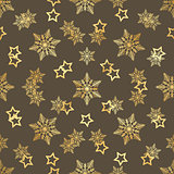 Gold Star and Gold Snowflake Seamless Pattern. seamless pattern with gold confetti stars and snowflake. Vector illustration. Shiny background. Luxury seamless pattern with gold snowflakes and stars