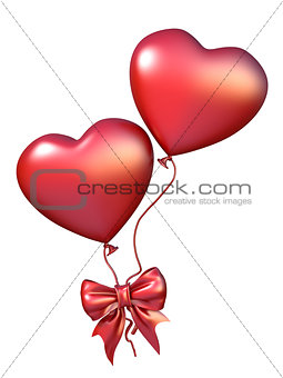 Two red heart shaped balloons with ribbon bow 3D